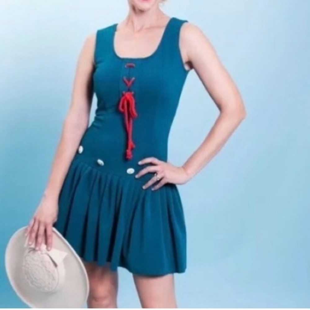 Tatyana Pin Up Nautical Dress Dark Turquoise, Red Rope Lace Up Size Medium
